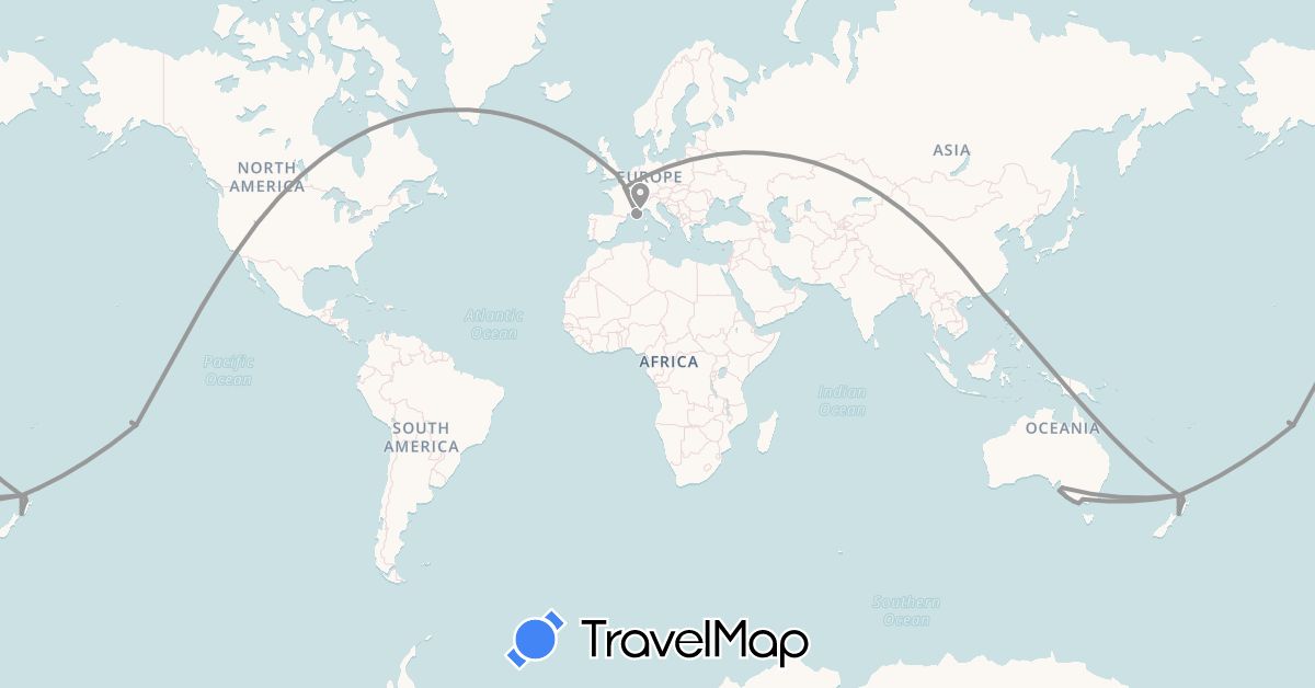 TravelMap itinerary: plane in Australia, France, United Kingdom, Hong Kong, New Zealand, French Polynesia, United States (Asia, Europe, North America, Oceania)